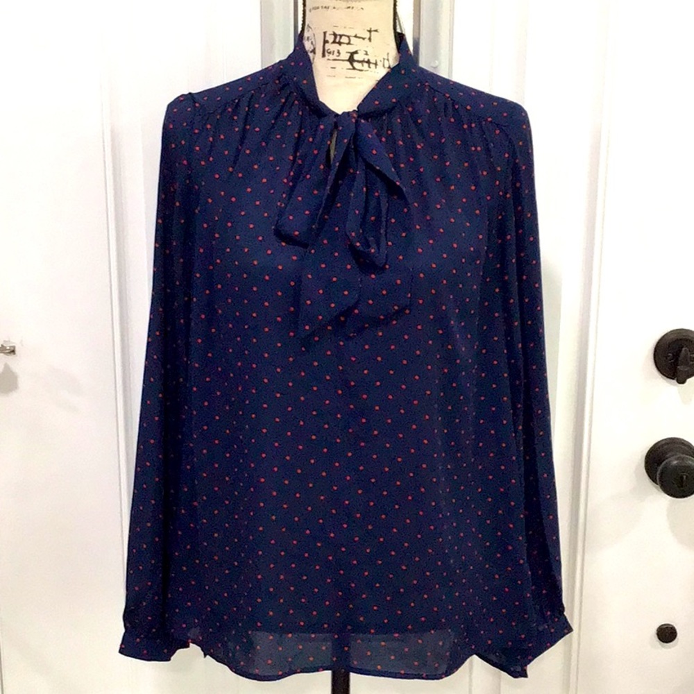 NWOT STYLUS Tie-front Keyhole Polka Dot Print Blouse Long Sleeves